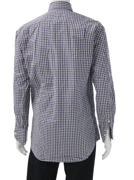 Ledbury Mens Plaid Button Down Shirt Navy Blue White Cotton Size 15.5 39