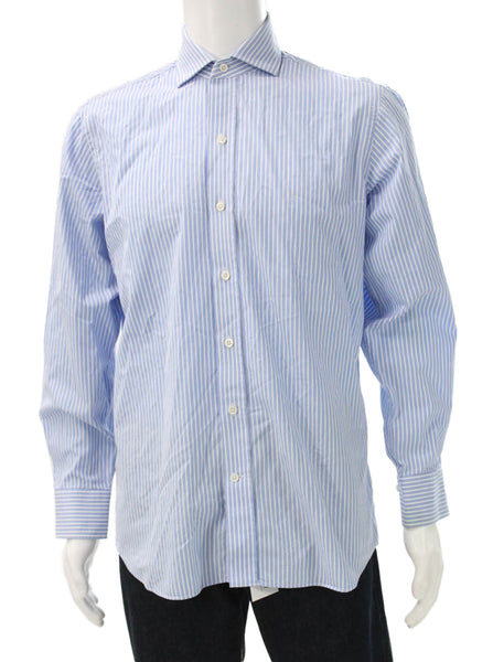 Ledbury Mens Striped Button Down Shirt Sky Blue White Size 15.5 39