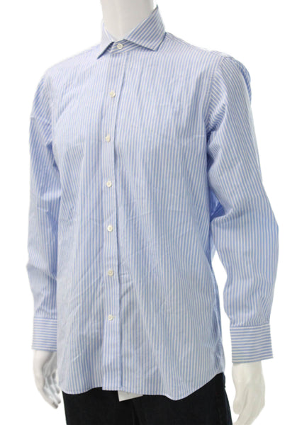 Ledbury Mens Striped Button Down Shirt Sky Blue White Size 15.5 39