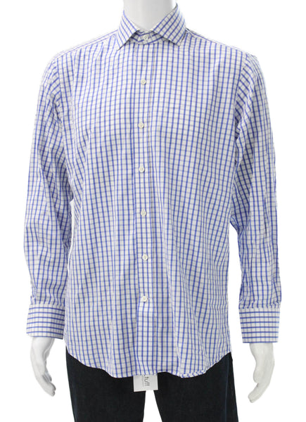 Ledbury Mens Plaid Button Down Shirt White Blue Cotton Size 15.5 39