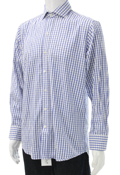Ledbury Mens Plaid Button Down Shirt White Blue Cotton Size 15.5 39