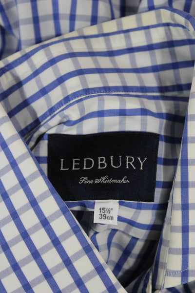Ledbury Mens Plaid Button Down Shirt White Blue Cotton Size 15.5 39