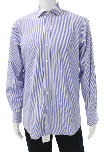 Ledbury Mens Striped Button Down Dress Shirt White Blue Size 15.5 39