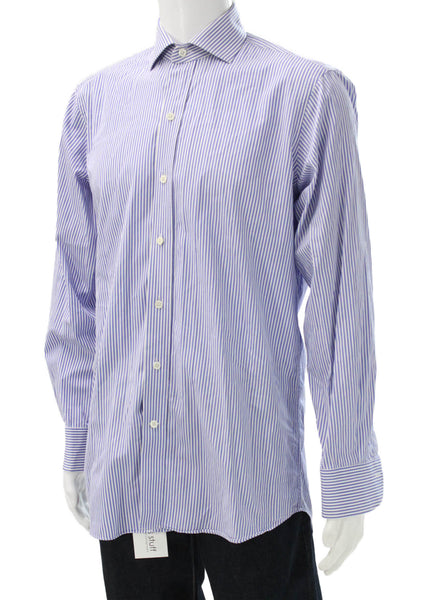Ledbury Mens Striped Button Down Dress Shirt White Blue Size 15.5 39