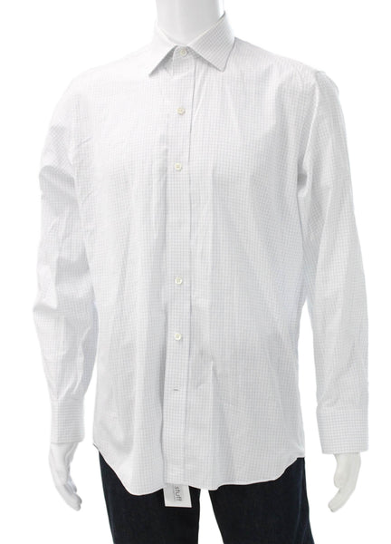 Ledbury Mens Window Pane Plaid Button Down Shirt White Blue Cotton Size 15.5 39