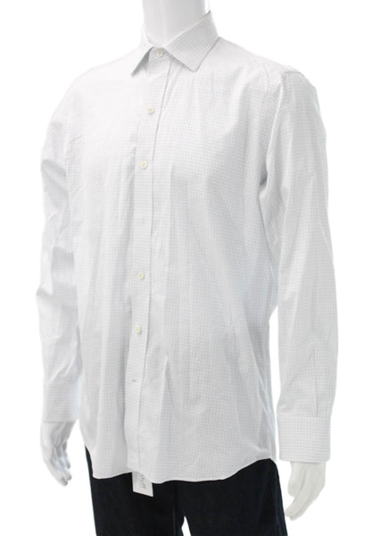 Ledbury Mens Window Pane Plaid Button Down Shirt White Blue Cotton Size 15.5 39