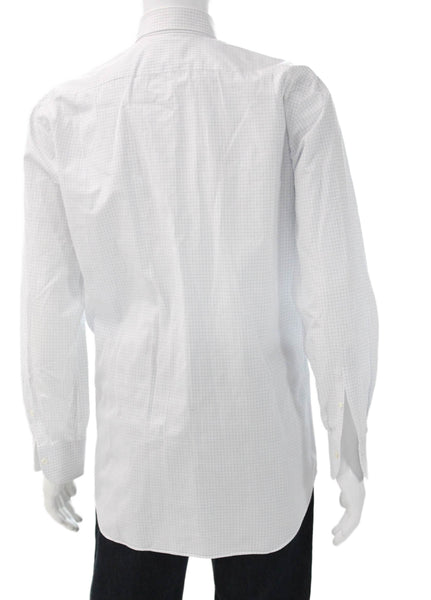 Ledbury Mens Window Pane Plaid Button Down Shirt White Blue Cotton Size 15.5 39