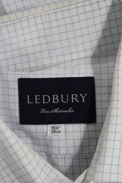 Ledbury Mens Window Pane Plaid Button Down Shirt White Blue Cotton Size 15.5 39