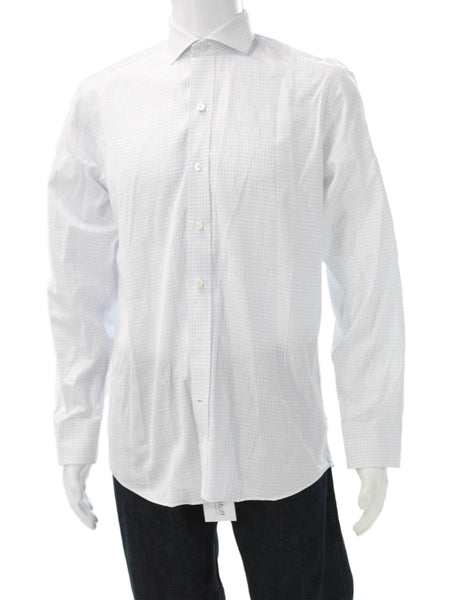 Ledbury Mens Plaid Button Down Shirt White Blue Cotton Size 15.5 39