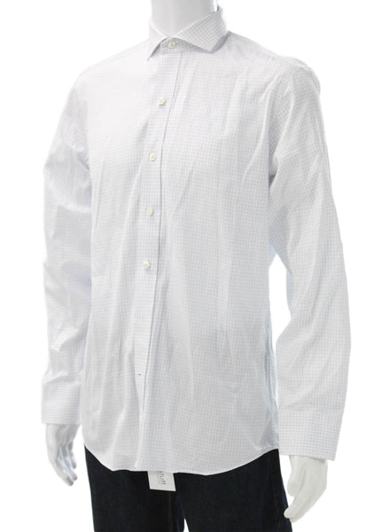 Ledbury Mens Plaid Button Down Shirt White Blue Cotton Size 15.5 39