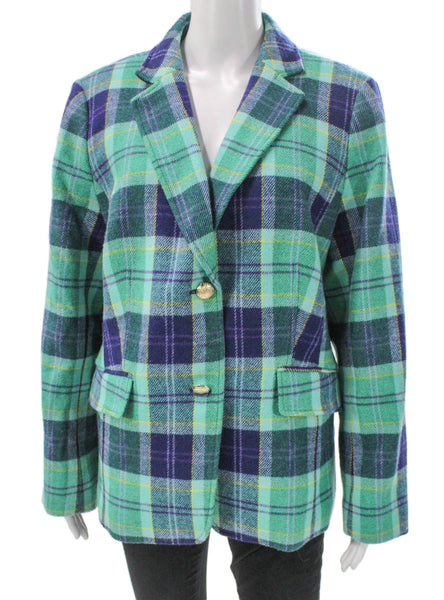 Talbots Women Green Plaid Wool Blend Blazer Long Sleeve Button Size 16
