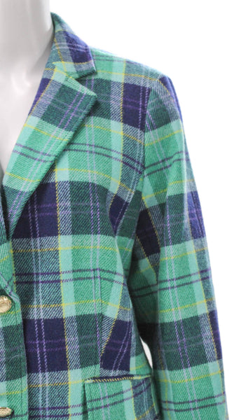 Talbots Women Green Plaid Wool Blend Blazer Long Sleeve Button Size 16