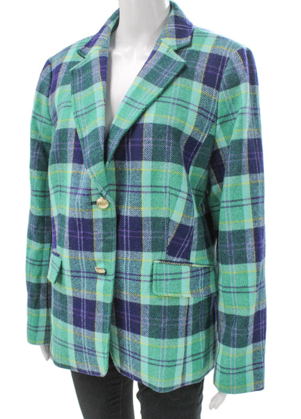 Talbots Women Green Plaid Wool Blend Blazer Long Sleeve Button Size 16