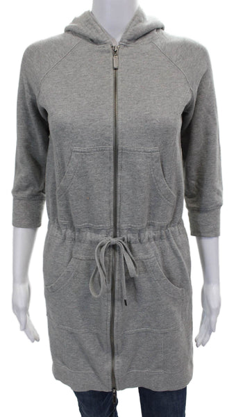 Norma Kamali Women Sweater Dress Hoodie Gray High Neck Zip 3/4 Sleeve Size XS