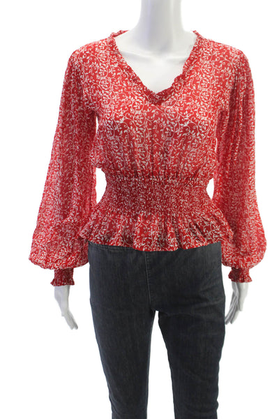 Designer Womens V-Neck Floral Viscose Long Sleeve Blouse Size XS