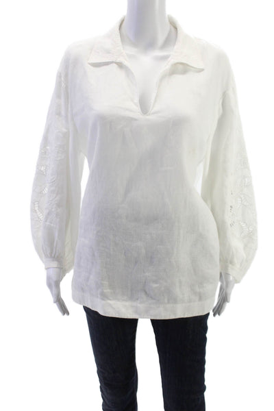 Lafayette 148 New York Women Linen Tunic White Collared 3/4 Sleeve Size L