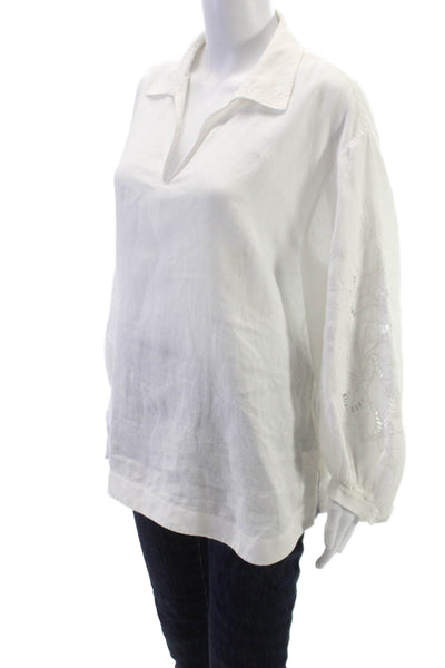 Lafayette 148 New York Women Linen Tunic White Collared 3/4 Sleeve Size L