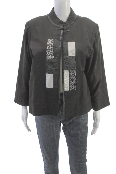 Khai Silk Women Kimono Jacket Black Silk Geometric 3/4 Sleeve Size M