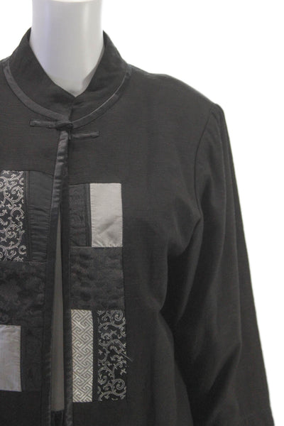 Khai Silk Women Kimono Jacket Black Silk Geometric 3/4 Sleeve Size M