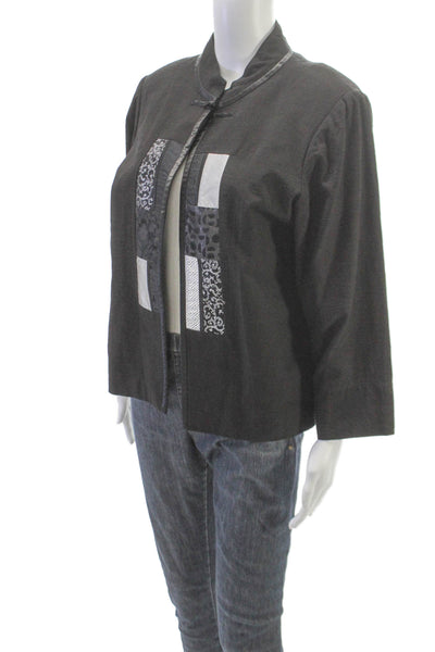 Khai Silk Women Kimono Jacket Black Silk Geometric 3/4 Sleeve Size M
