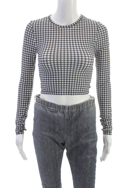 Alo Women Cropped Long Sleeve Crew Neck Check Polyester T-Shirt Size XS