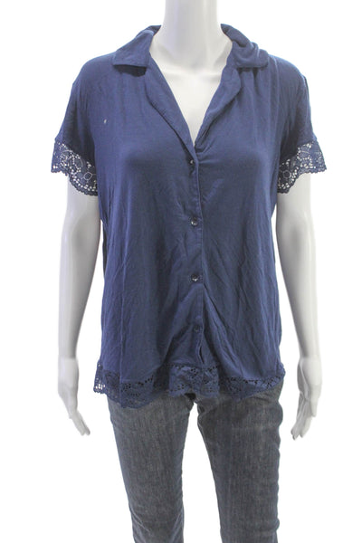 Eberjey Women Blue Tencel Modal Collared Short Sleeve Pajama Top Size S