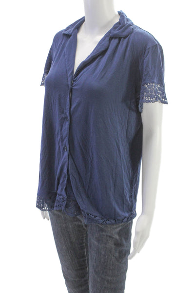 Eberjey Women Blue Tencel Modal Collared Short Sleeve Pajama Top Size S