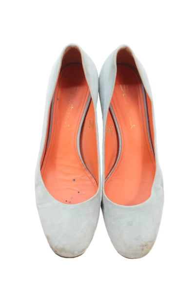 Santoni Womens Slip On Block Heel Round Toe Pumps Blue Suede Size 38