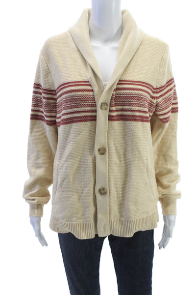 Marine Layer Mens Collared Striped Cotton Cardigan Long Sleeve Beige Size L