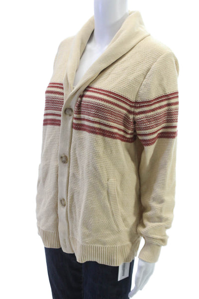 Marine Layer Mens Collared Striped Cotton Cardigan Long Sleeve Beige Size L