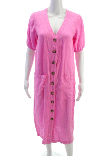 Lou & Grey Womens Shirt Dress Pink Linen V-Neck Short Sleeve Button Size XS