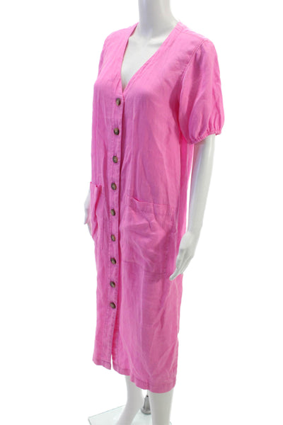 Lou & Grey Womens Shirt Dress Pink Linen V-Neck Short Sleeve Button Size XS