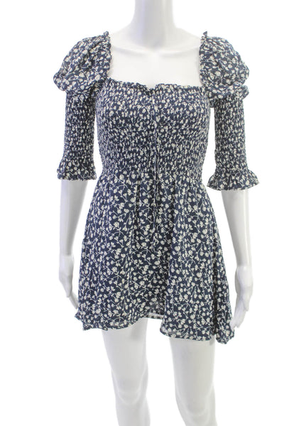 Reformation Womens Blue Floral Square Neck 3/4 Sleeve Mini Dress Size XS