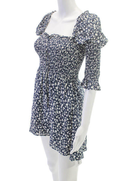 Reformation Womens Blue Floral Square Neck 3/4 Sleeve Mini Dress Size XS