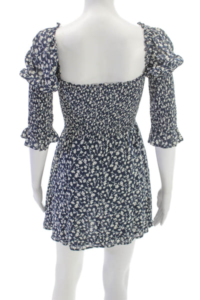 Reformation Womens Blue Floral Square Neck 3/4 Sleeve Mini Dress Size XS