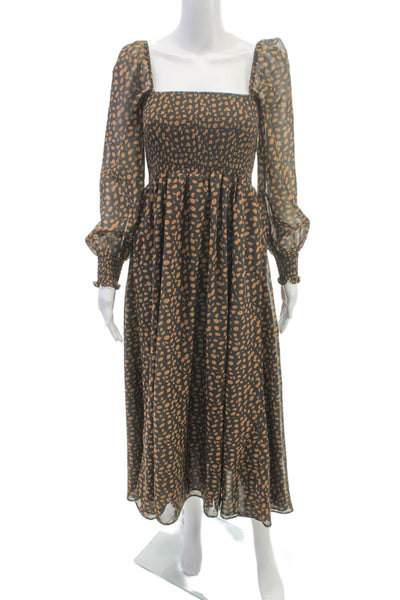 OPT Women Fit & Flare Black Animal Print Square Neck Long Sleeve Dress Size XS