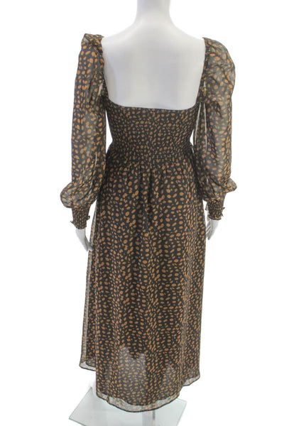 OPT Women Fit & Flare Black Animal Print Square Neck Long Sleeve Dress Size XS