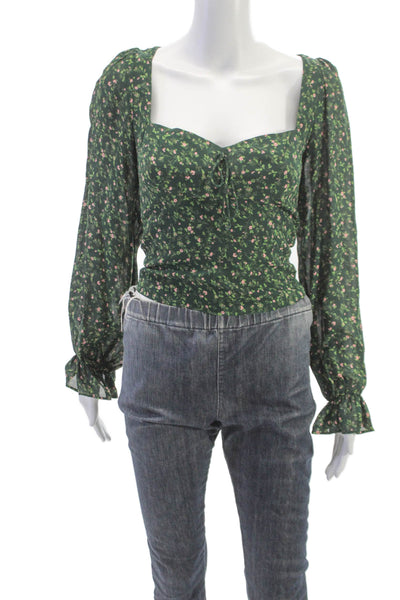 Reformation Womens Green Sweetheart Floral Zip Long Sleeve Blouse Size 2