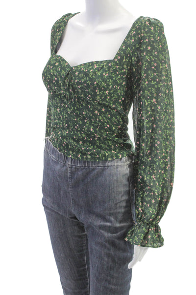 Reformation Womens Green Sweetheart Floral Zip Long Sleeve Blouse Size 2