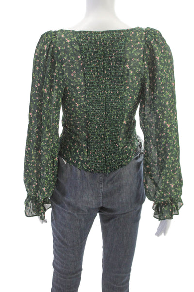 Reformation Womens Green Sweetheart Floral Zip Long Sleeve Blouse Size 2