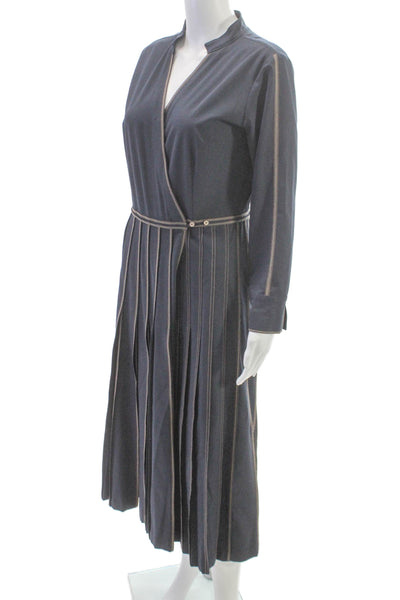 Bodice Women Wrap Dress Blue Long Sleeve V-Neck Knee Length Polyester Size M