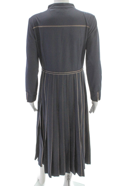Bodice Women Wrap Dress Blue Long Sleeve V-Neck Knee Length Polyester Size M
