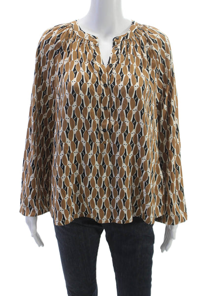 Yerse Women Brown V Neck Geometric Viscose Basic Blouse Long Sleeve Size S