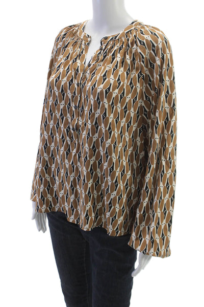 Yerse Women Brown V Neck Geometric Viscose Basic Blouse Long Sleeve Size S