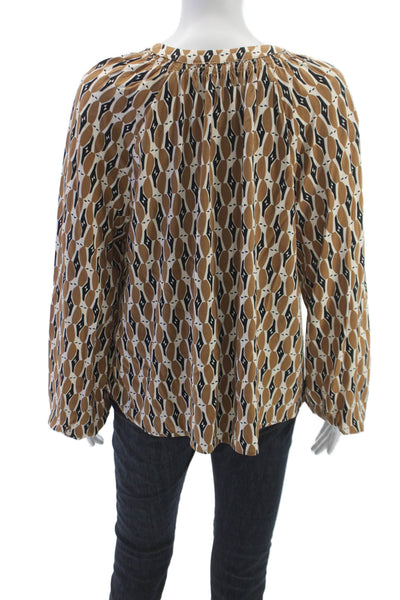 Yerse Women Brown V Neck Geometric Viscose Basic Blouse Long Sleeve Size S