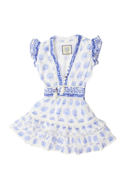Bell Childrens Girls Ruffled Tiered A Line Dress White Blue Cotton Size 6