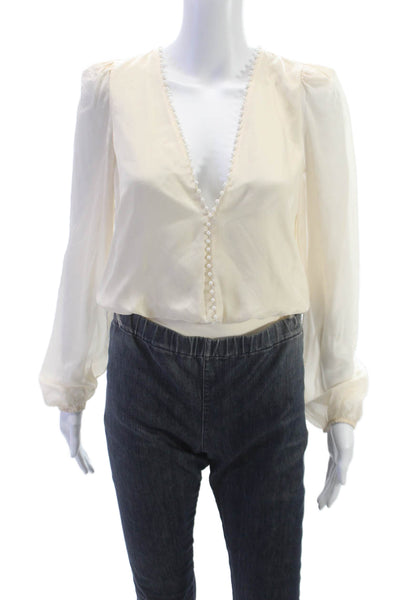 Cami NYC Women Basic Silk Ivory V-Neck Long Sleeve Button Blouse Size XS