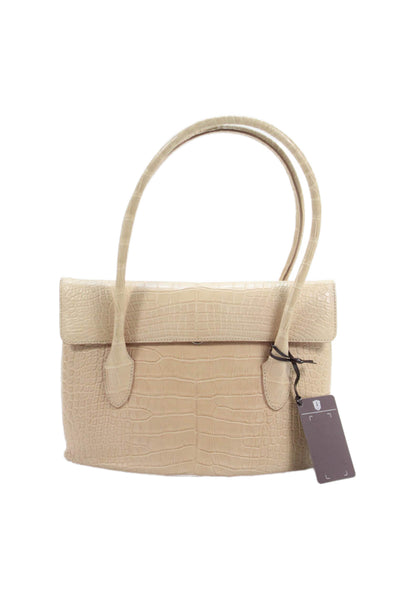 Tardini Womens Double Handle Genuine American Alligator Shoulder Handbag Beige