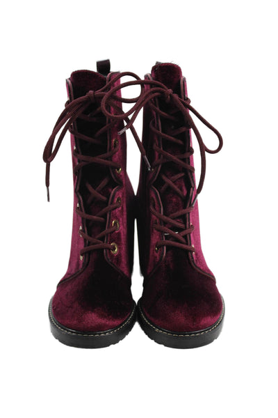 Stuart Weitzman Womens Velvet Lace Up Boots Wine Red Size 7 Medium