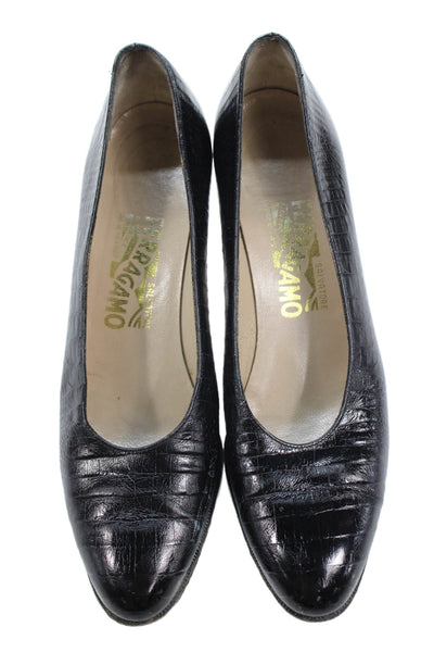Salvatore Ferragamo Womens Crocodile Print Pumps Black Size 8.5 Extra Narrow